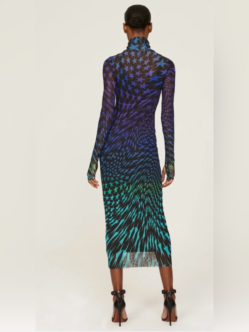 AFRM Sharlene turtleneck dress Sheer Star Spiral Midi Dress in Blue-Green - Picture 4 of 12